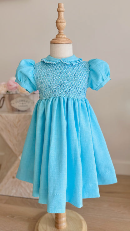Aqua Hand-Smocked Dress
