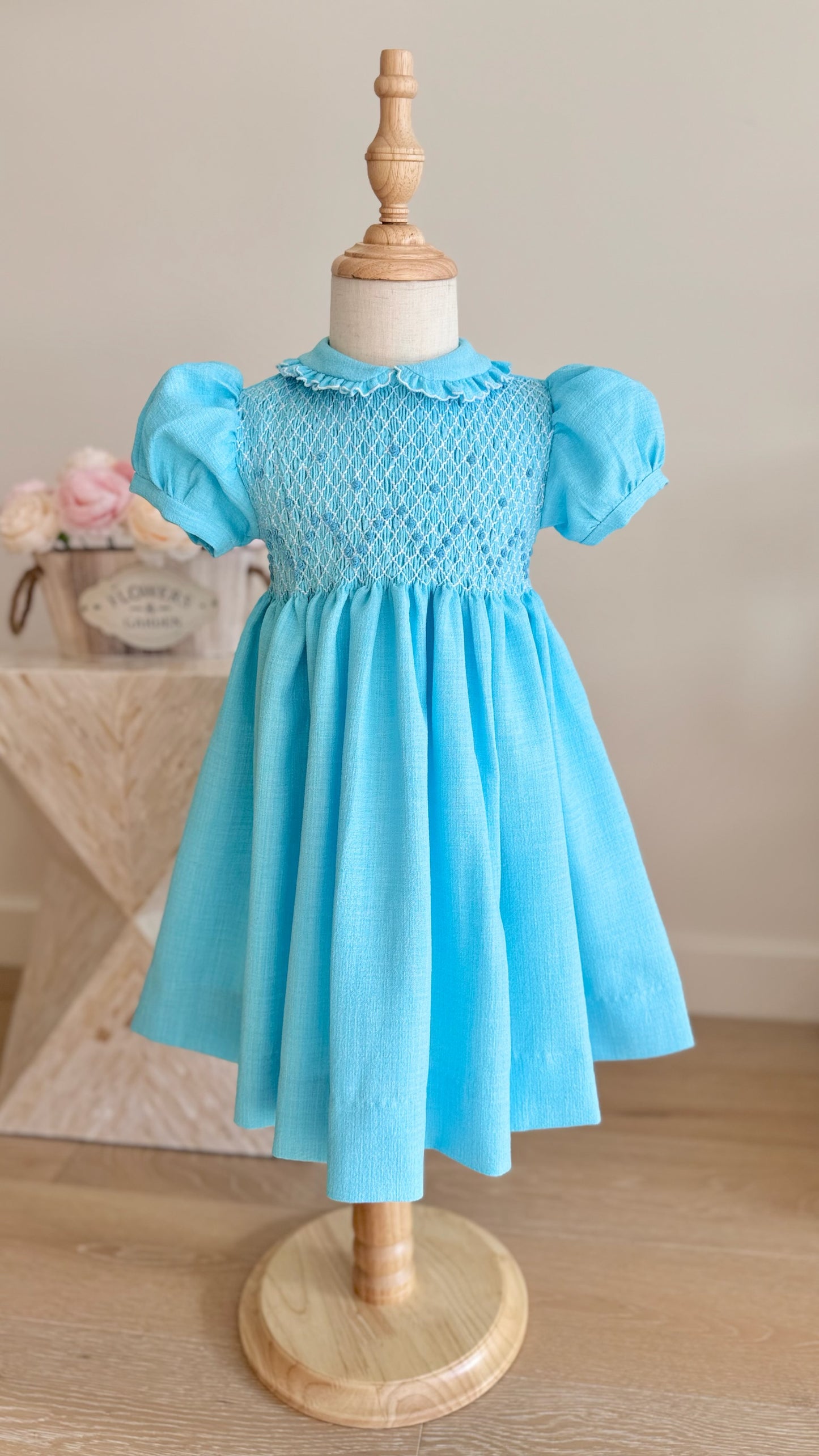 Aqua Hand-Smocked Dress