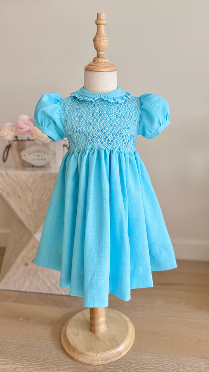 Aqua Hand-Smocked Dress